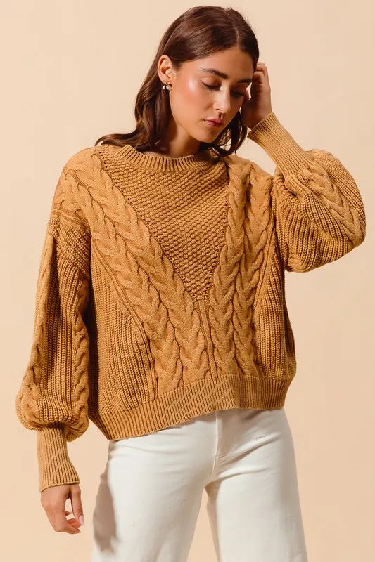 SO ME Mineral Washed Loose Fit Textured Cable Sweater