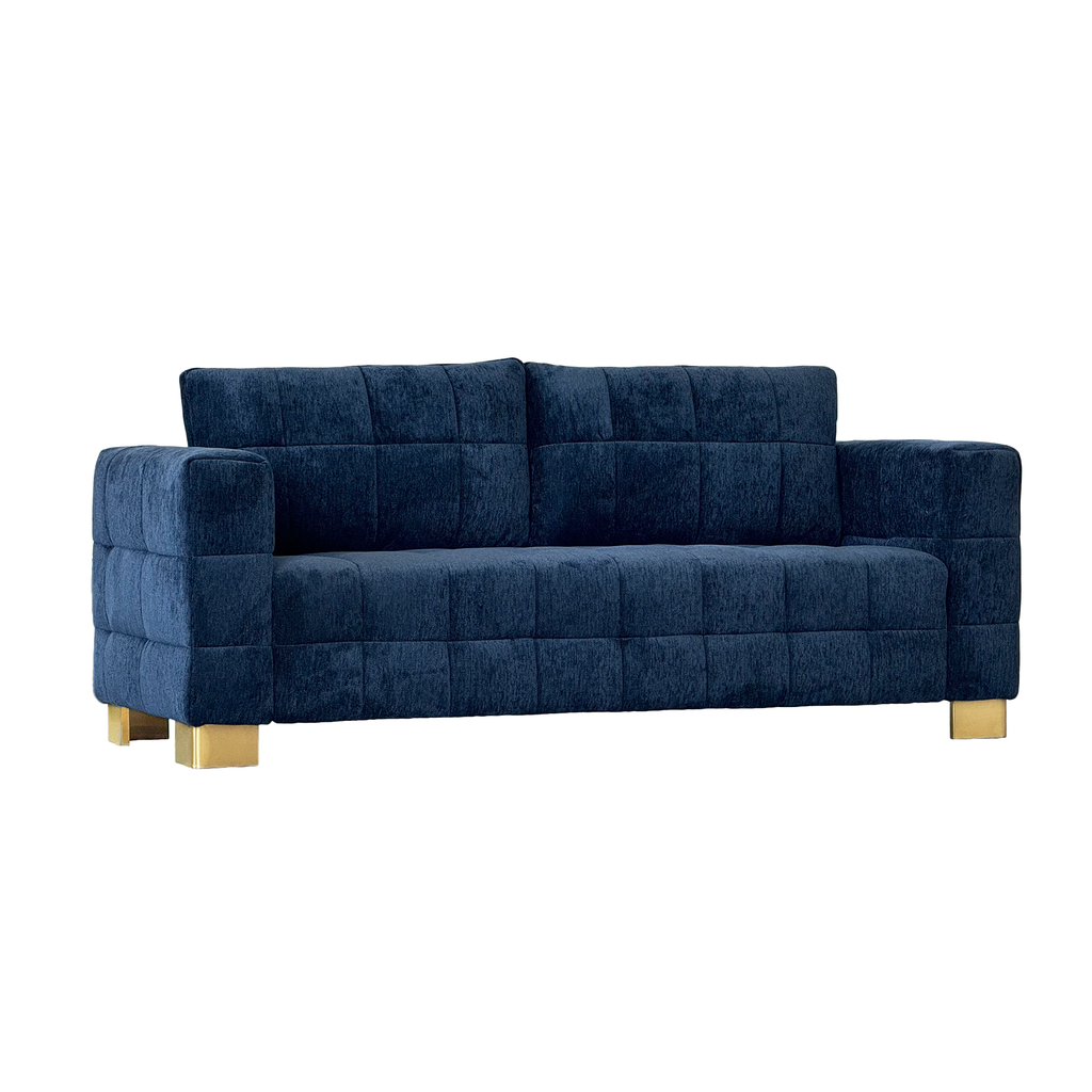 FX-P54-RB SOFA  Retro Blue Chenille Upholstered Couch, Wide-Arm 3-Seater with Custom Stainless-Steel Legs & Tufted Seat  Modern Living Room Sofa for Comfort & Style