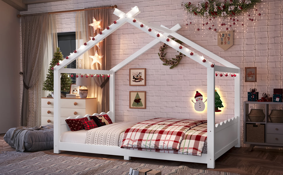 Full House Floor Bed with Support Slats, Solid Wood House Bed Frame for Kids, No Box Spring Needed and Opening Constructure, White