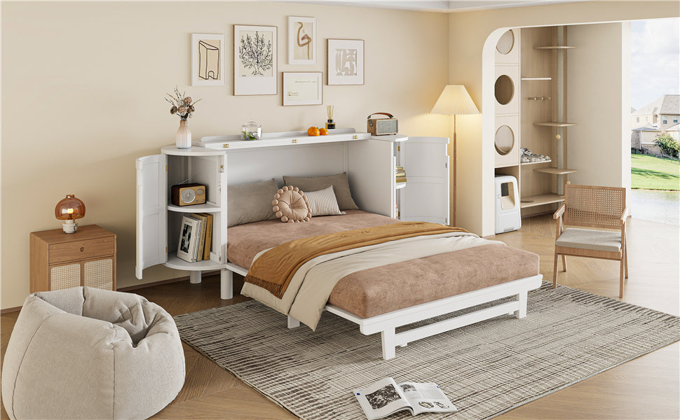 Queen Murphy Bed with Hidden Storage & Modern Woven Design,White
