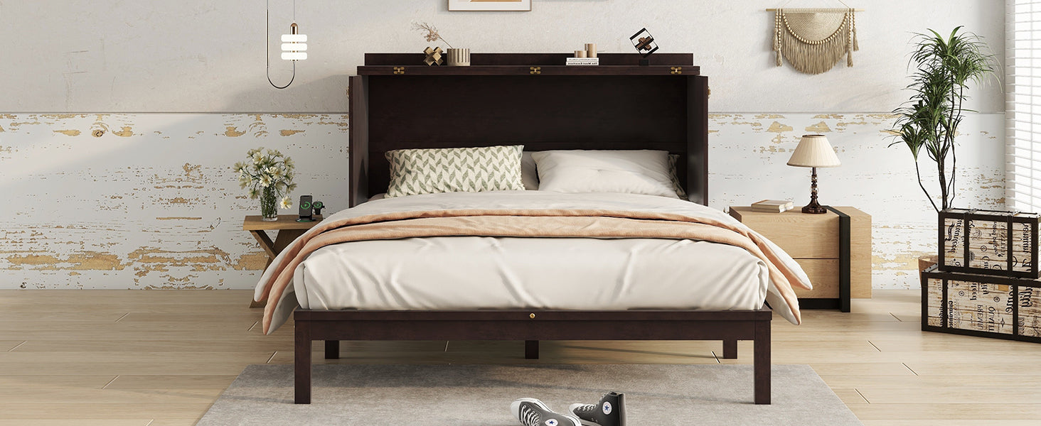 Queen Size Murphy Bed, Pine Wood Cabinet Bed with Power Station and Rattan Decoration Panel,Espresso