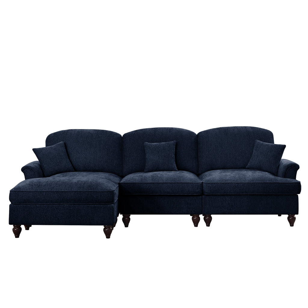Mid Century Three Seater Modular L Shaped Sectional Couch with Flared Arms and Removable Ruffles Pleats Skirts and Spindle Legs, Comfy Chenille 3-Seat Deep Seat Sofa with Movable Ottoman,Blue