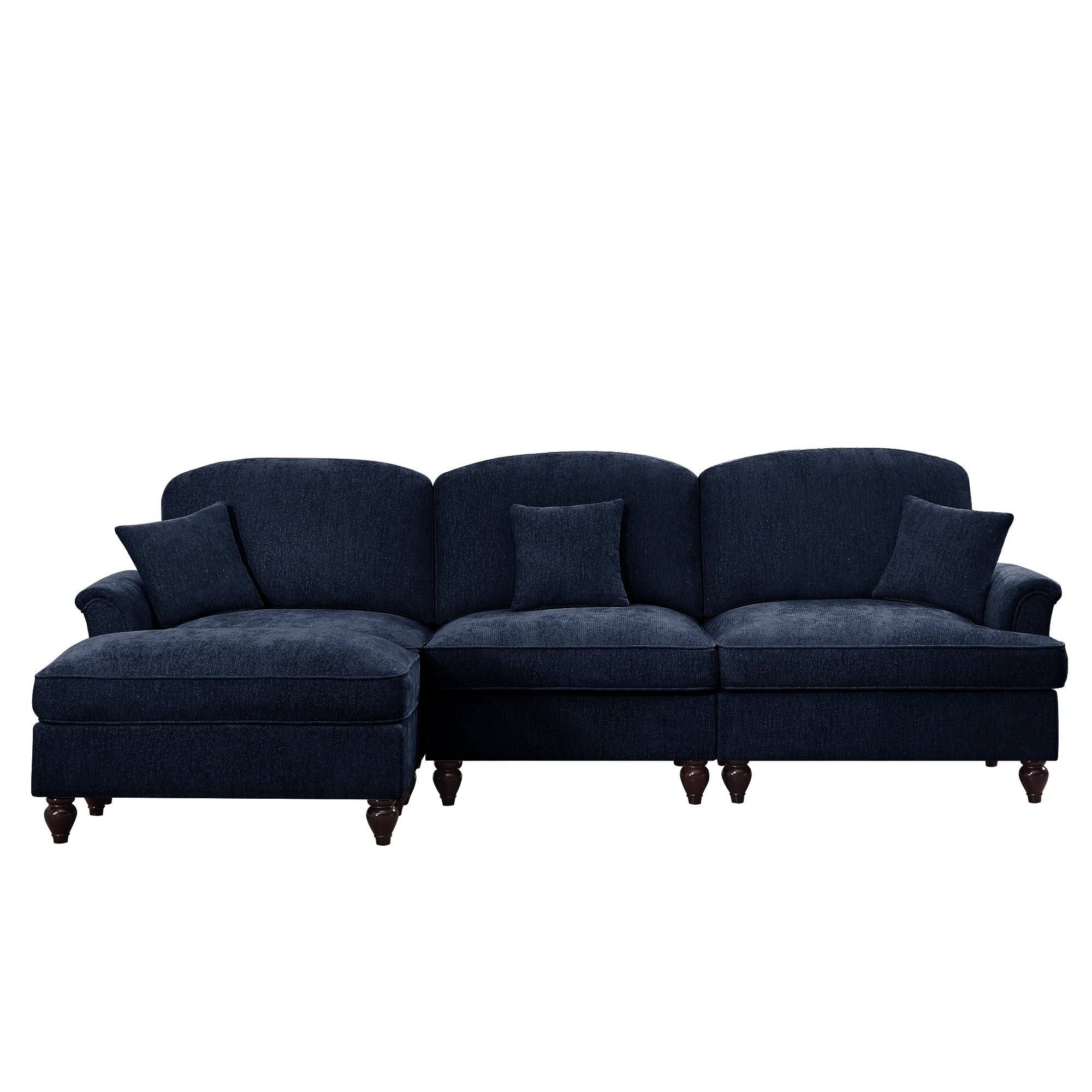 Mid Century Three Seater Modular L Shaped Sectional Couch with Flared Arms and Removable Ruffles Pleats Skirts and Spindle Legs, Comfy Chenille 3-Seat Deep Seat Sofa with Movable Ottoman,Blue