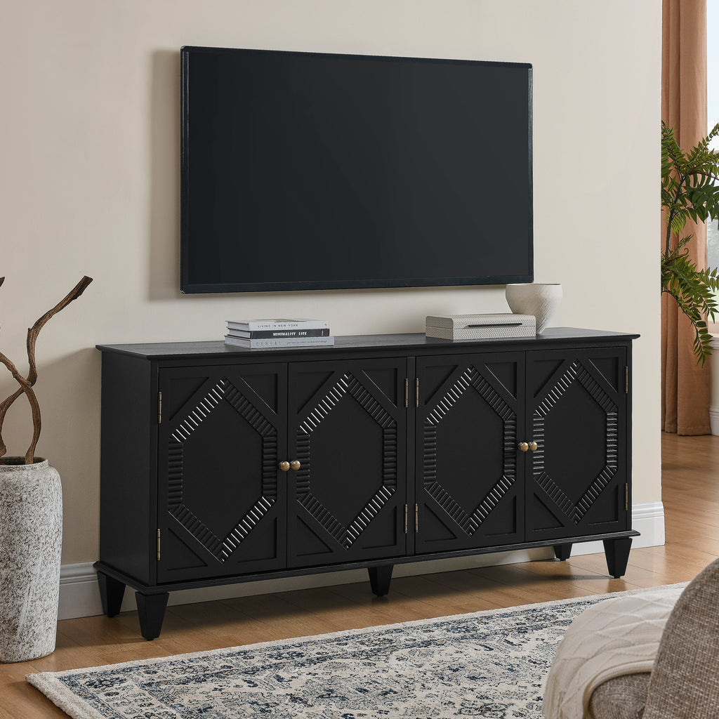 65.2' Mid Century Modern Sideboard Buffet Cabinet with Storage, Symmetrical Geometric Accent Coffee Bar Wine Bar Storage Cabinet, Large Console Table for Living Room/Entryway/Kitchen, Black