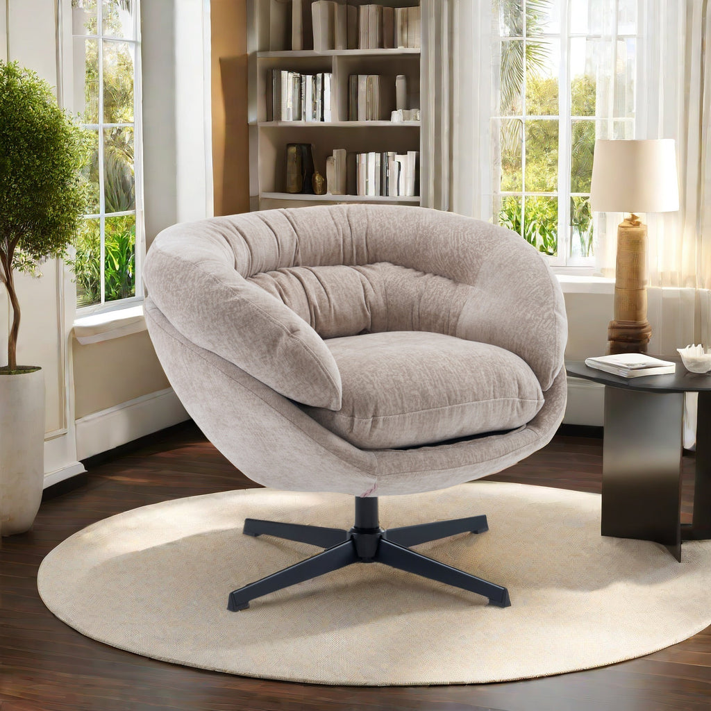 Modern Chenille Office Chair, 360° Swivel Club Chair/Accent Chair with Removable Cushion, Round Office Chair, Black Metal Base, Cotton Material, Living Room, Bedroom, Reading Corner, Office (Brown)