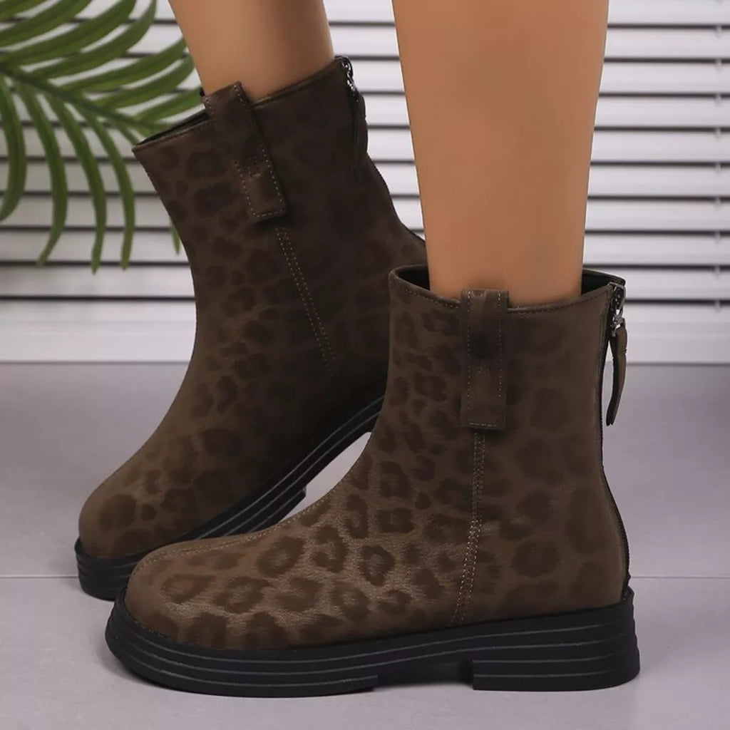 Leopard Round Toe Block Heels Boots