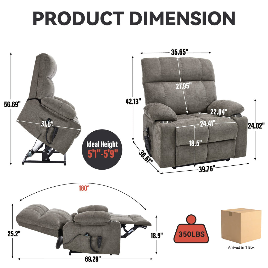 Brown Dual Motor Infinite Position Up to 350 LBS Chenille Power Lift Recliner Chair, Heavy Duty Motion Mechanism with 8-Point Vibration Massage and Lumbar Heating, Dual Cup Holders