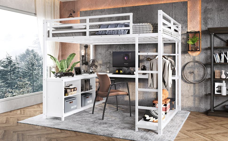 Metal Loft Bed with Wardrobe and L-shaped Desk, Queen Size Loft Bed with Storage Cubes and Shelves, Loft Bed for Kids Teens Adults, White