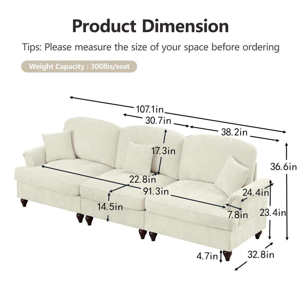 Classic 2 Piece Modular Couch Living Room Sofa Set with Flared Arms and Removable Ruffles Pleats Skirts and Spindle Legs, 3 Seater Sofa + 2-Seat Loveseat Sofa Sets for Living Room, Beige White