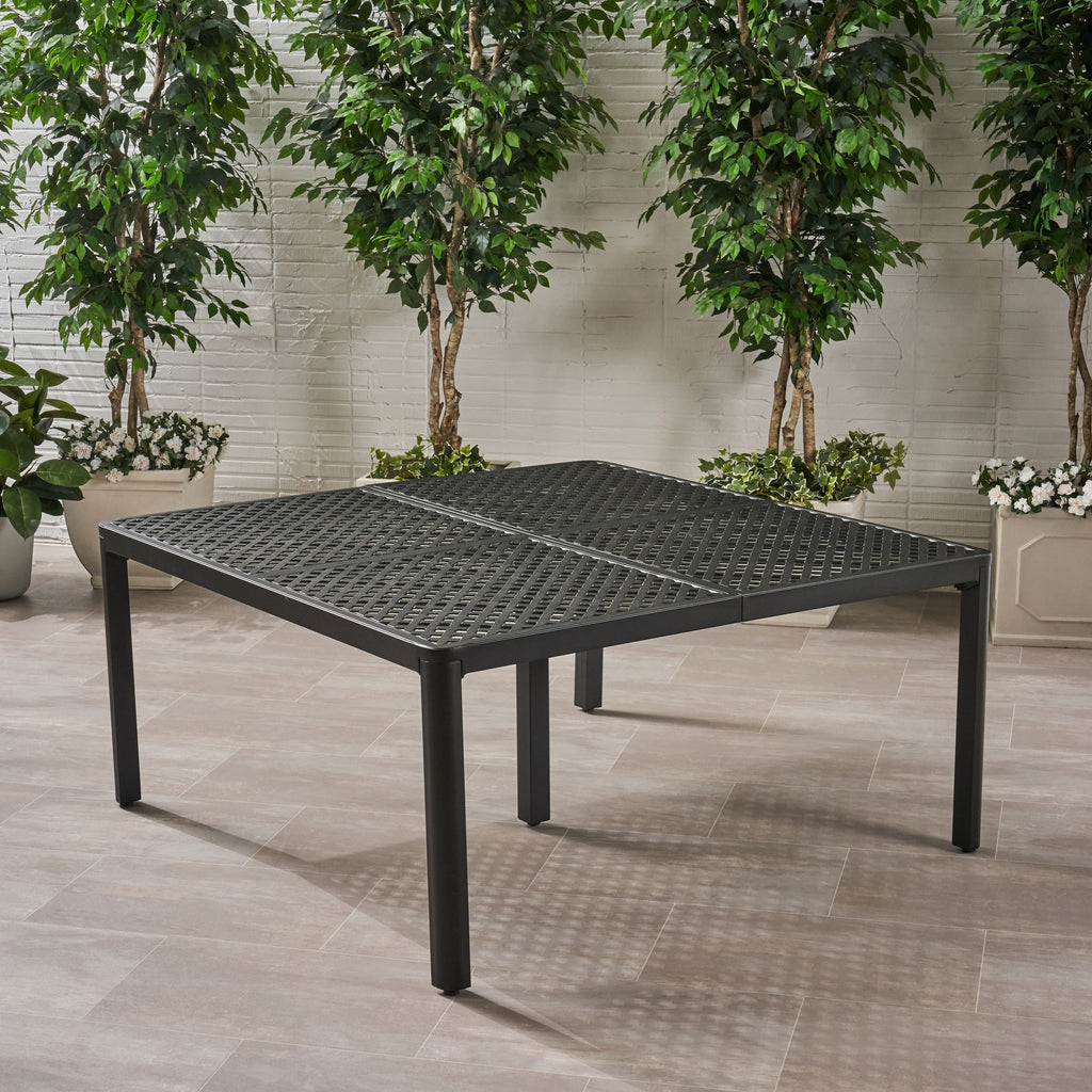 Modern Outdoor Dining Table with Woven Accents in Antique Matte Black Aluminum