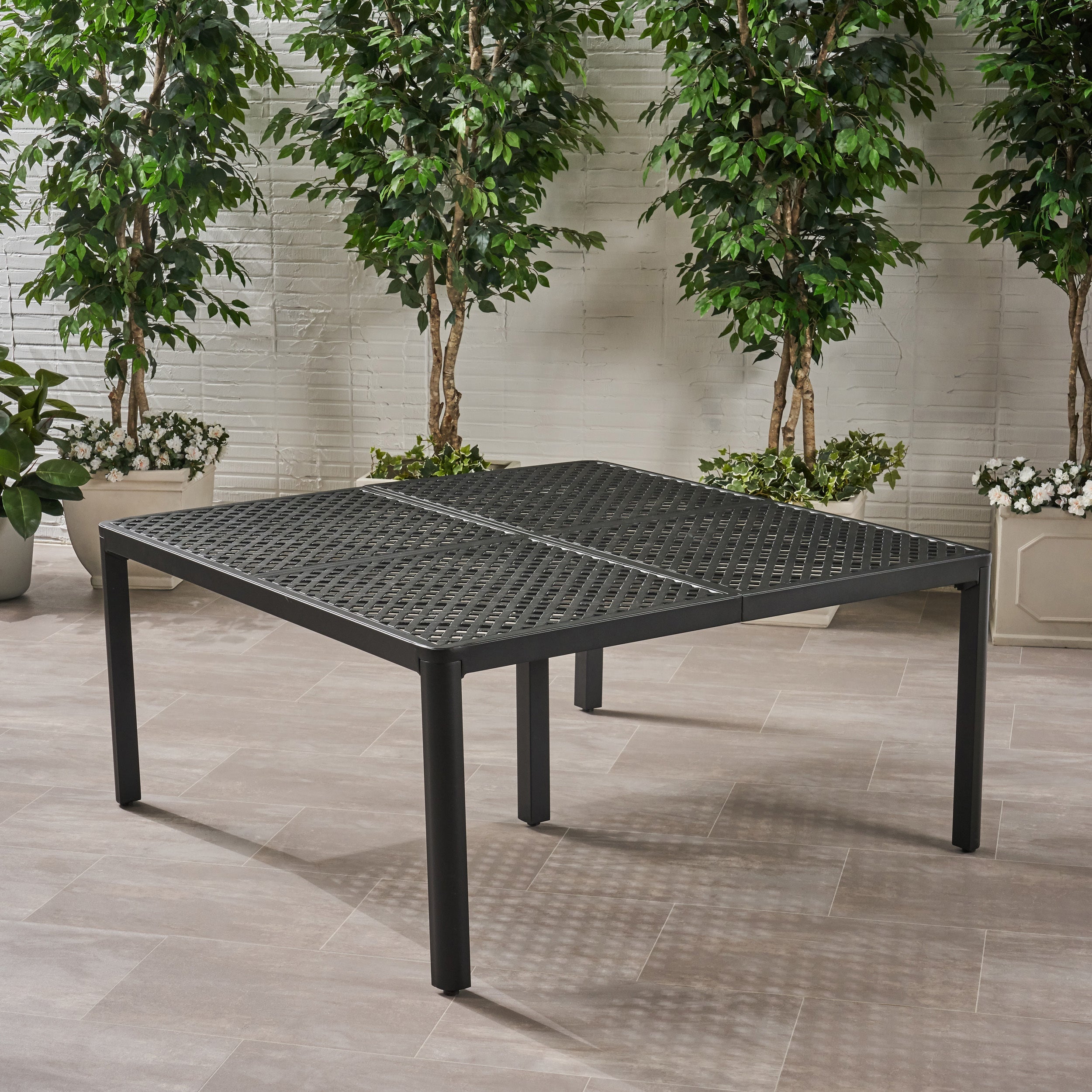 Modern Outdoor Dining Table with Woven Accents in Antique Matte Black Aluminum