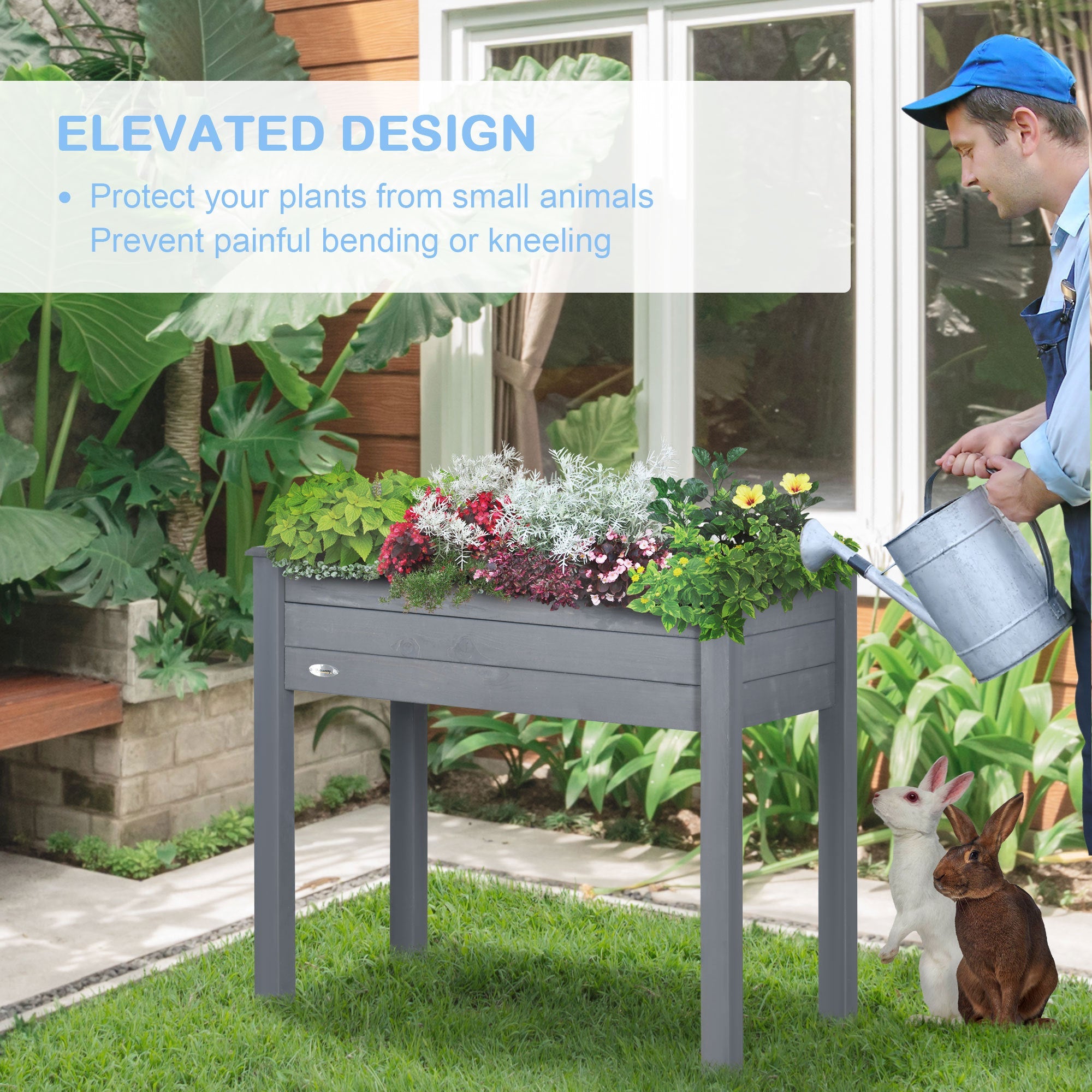 Outsunny Raised Garden Bed with Legs, 34' x 18' x 30', Elevated Wooden Planter Box, Self-Draining with Bed Liner for Vegetables, Herbs, and Flowers Backyard, Patio, Balcony Use, Dark Gray