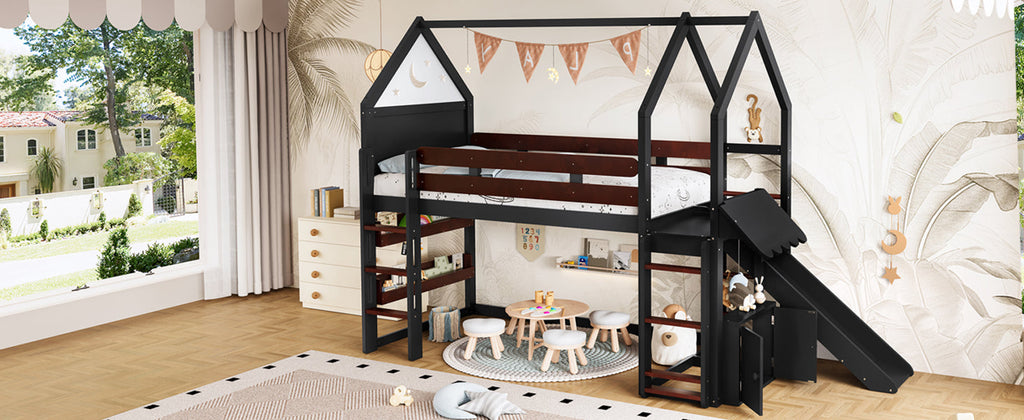Twin Size Loft Bed with Bookshelf Playful Design for Kids House-Shaped Structure with Slide High-Quality Safety Rails,Beige/Natural /Black