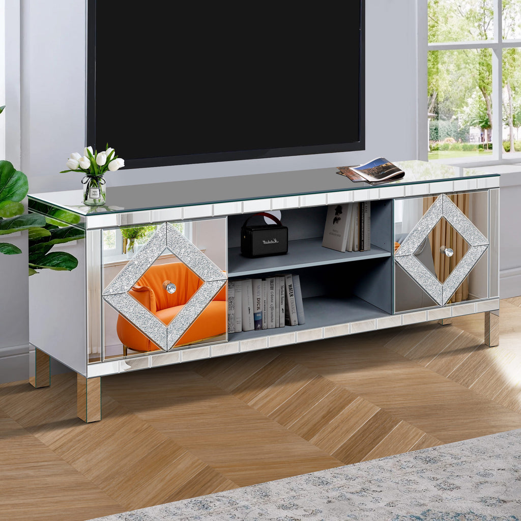 Mirrored TV Stand for 65+ inch TV,Sliver TV Console Table with Open Storage & 2 Storage Cabinets ,Diamond Shape Sparkling Mirror Doors for Living Room(59''W x 25.2''H x 15.7D)