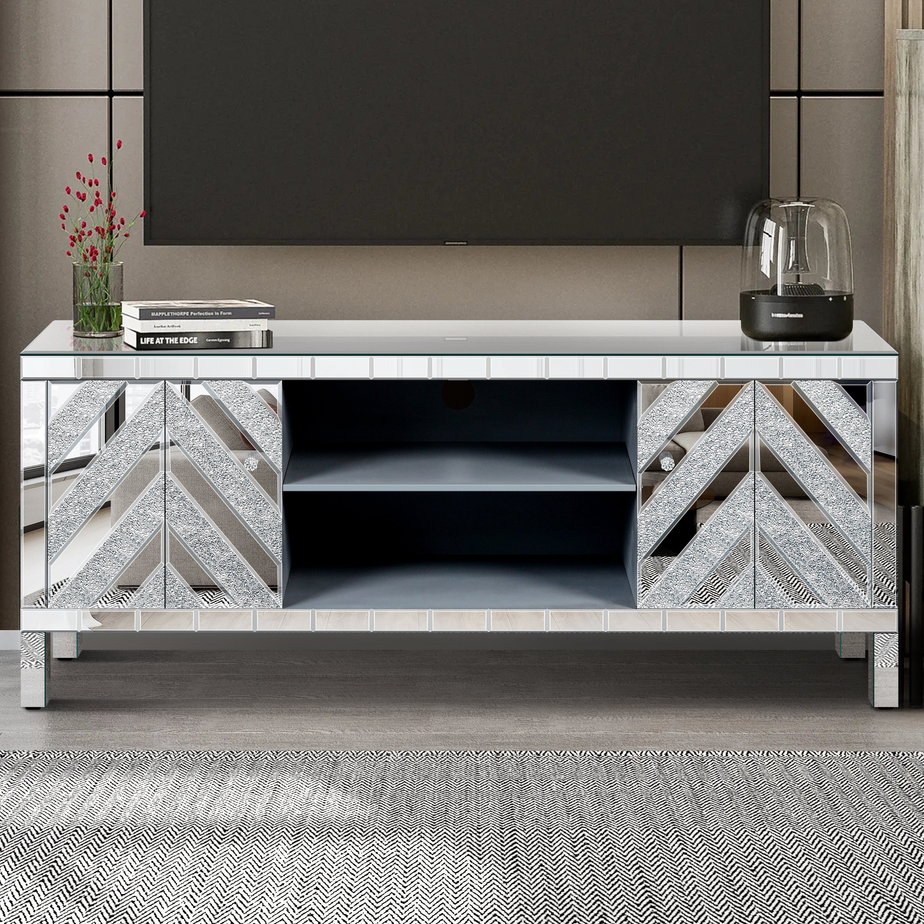 Mirrored TV Stand for 65+ inch TV,Sliver TV Console Table with Open Storage & 2 Storage Cabinets ,M Shape Sparkling Mirror Doors for Living Room(59''W x 25.2''H x 15.7D)