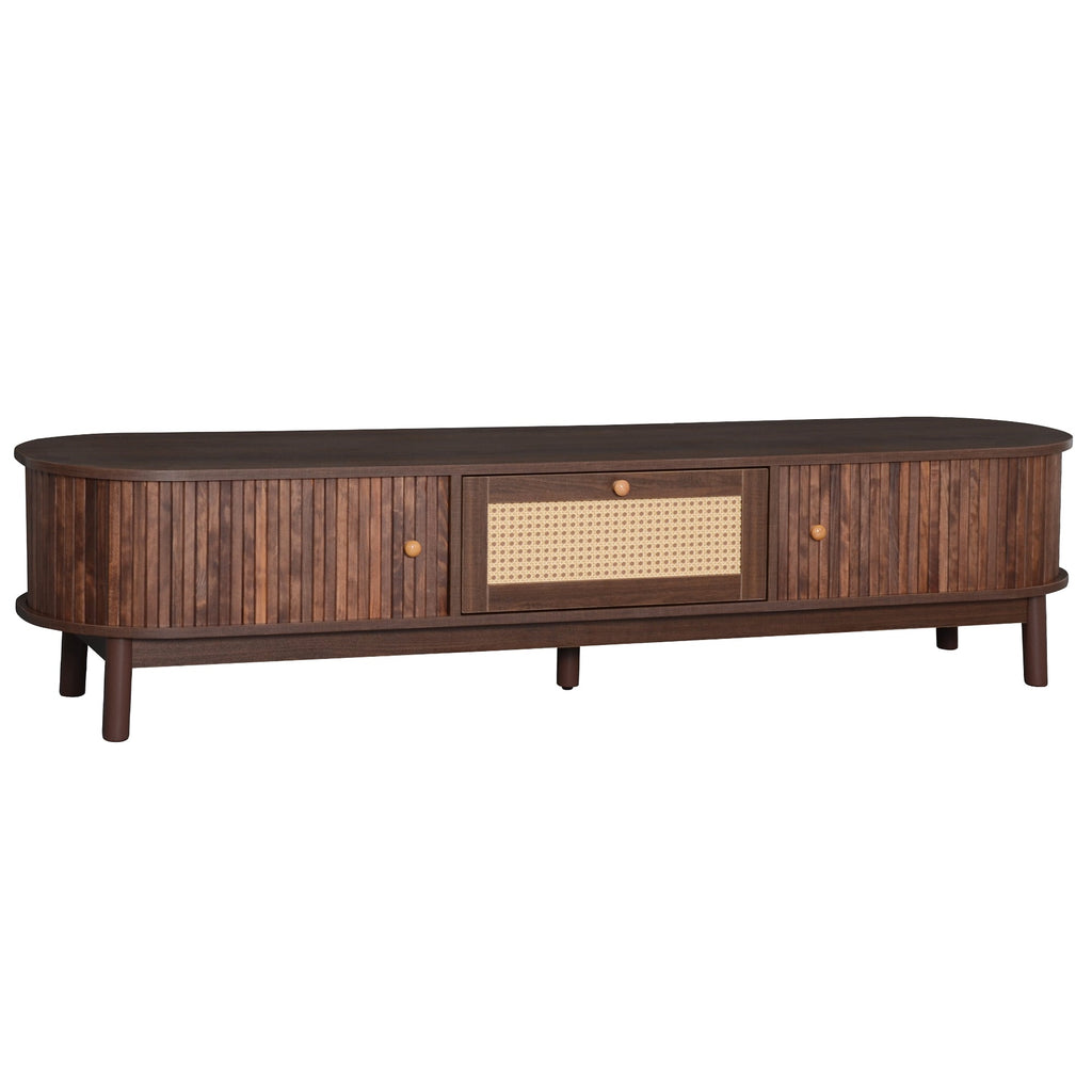 Modern Design TV Stand for 75' TVs, Media Console TV Cabinet with Rattan-Front Drawer for Living Room, 1 Drawer and 2 Sliding-Door Cabinets
