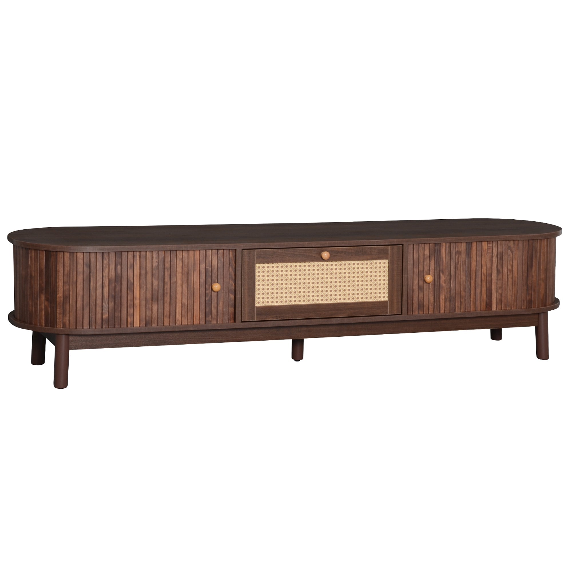 Modern Design TV Stand for 75' TVs, Media Console TV Cabinet with Rattan-Front Drawer for Living Room, 1 Drawer and 2 Sliding-Door Cabinets