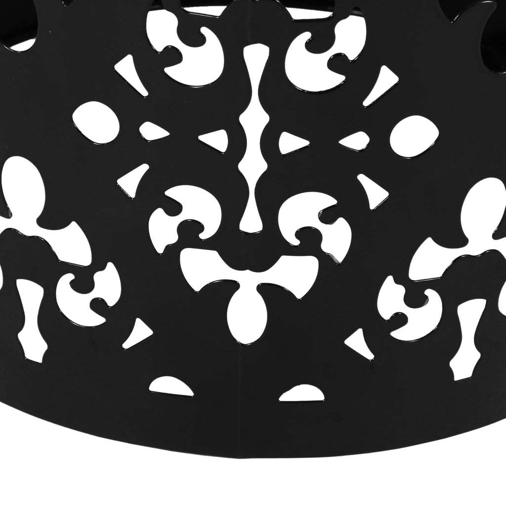 Modern Cylindrical Outdoor Metal End Table with Floral Iron Cut Design, Black, 13.78 x 13.78 x 17.91 inches