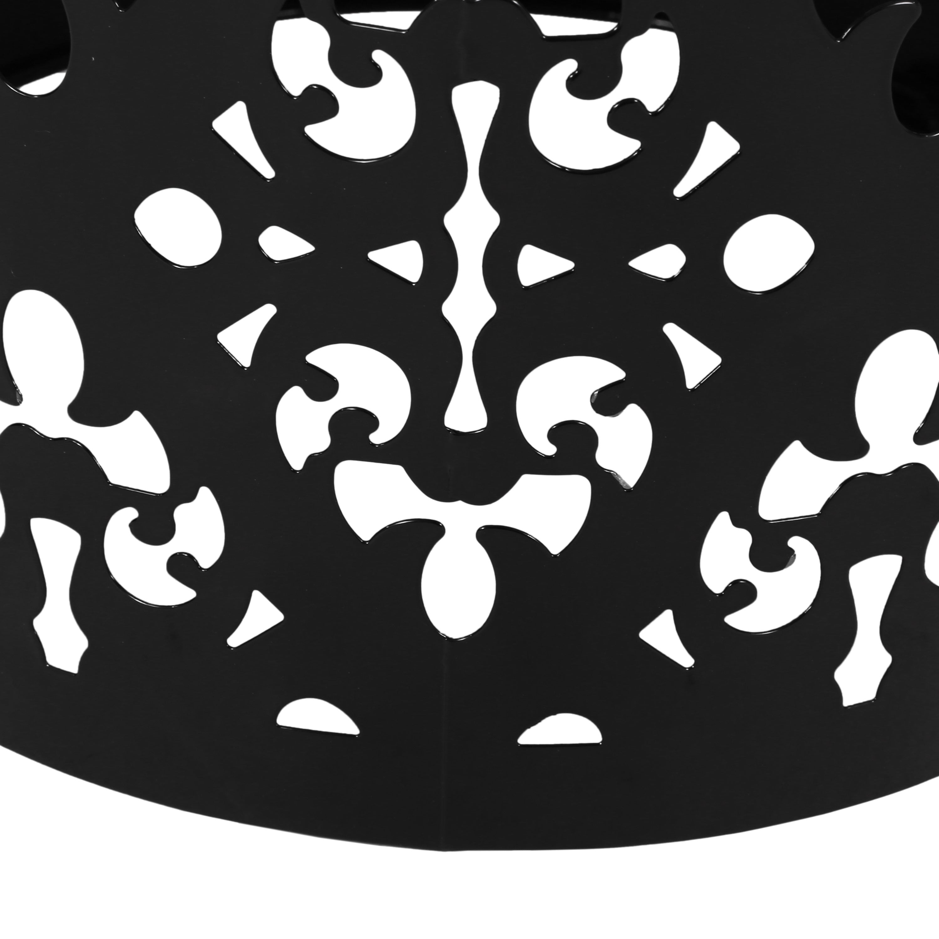 Modern Cylindrical Outdoor Metal End Table with Floral Iron Cut Design, Black, 13.78 x 13.78 x 17.91 inches