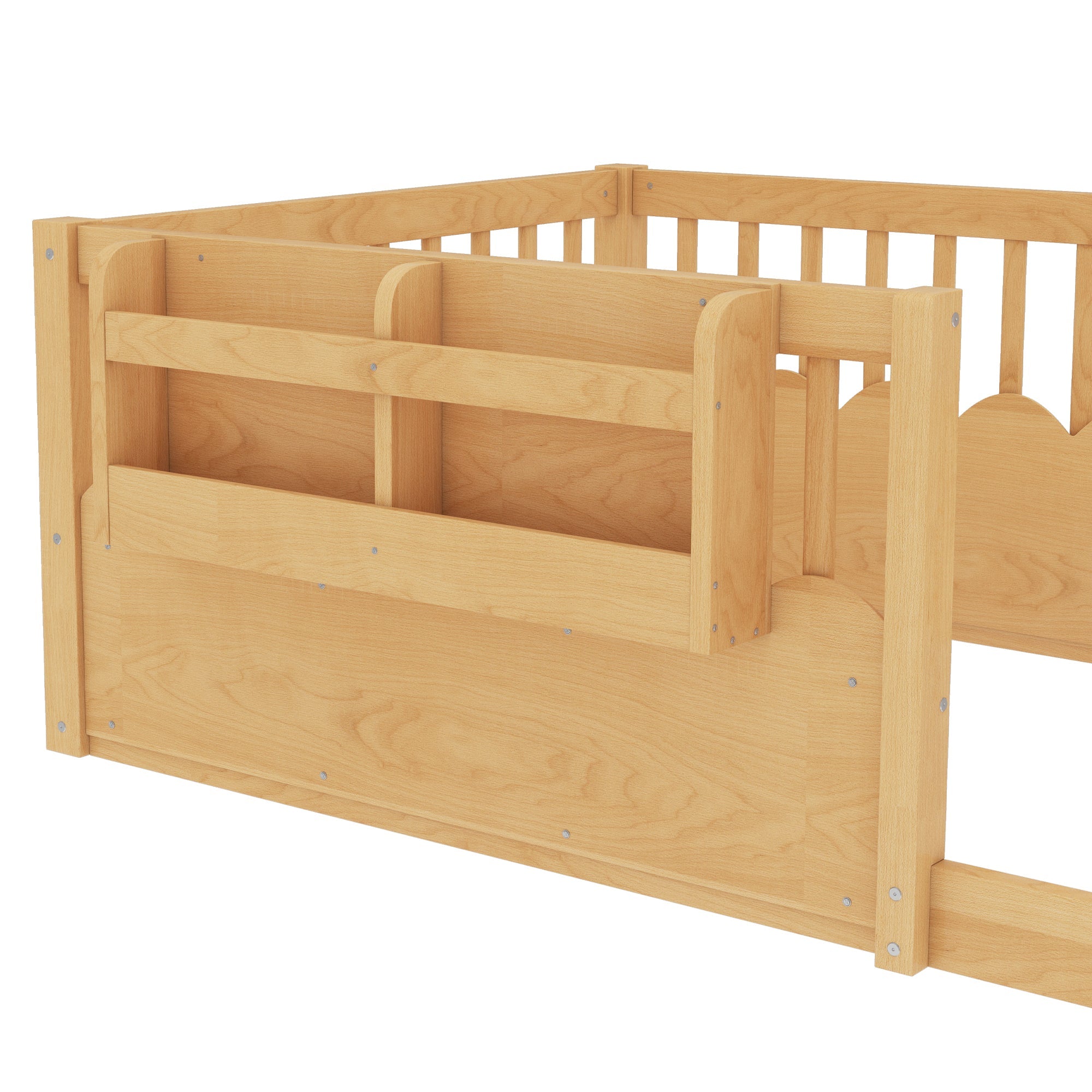 Twin Floor bed with Heightened Fence and bookshelf ,Wood Floor Bed for Kids, Natural.