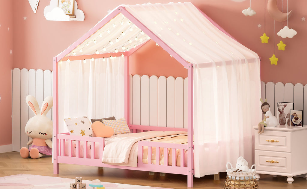Montessori Floor Bed with Canopy, Full Bed Frame for Kids, House Shape Kids Bed Frame with High Railings, Wood Kids Bed with Roof, Kid Full Bed, Pink