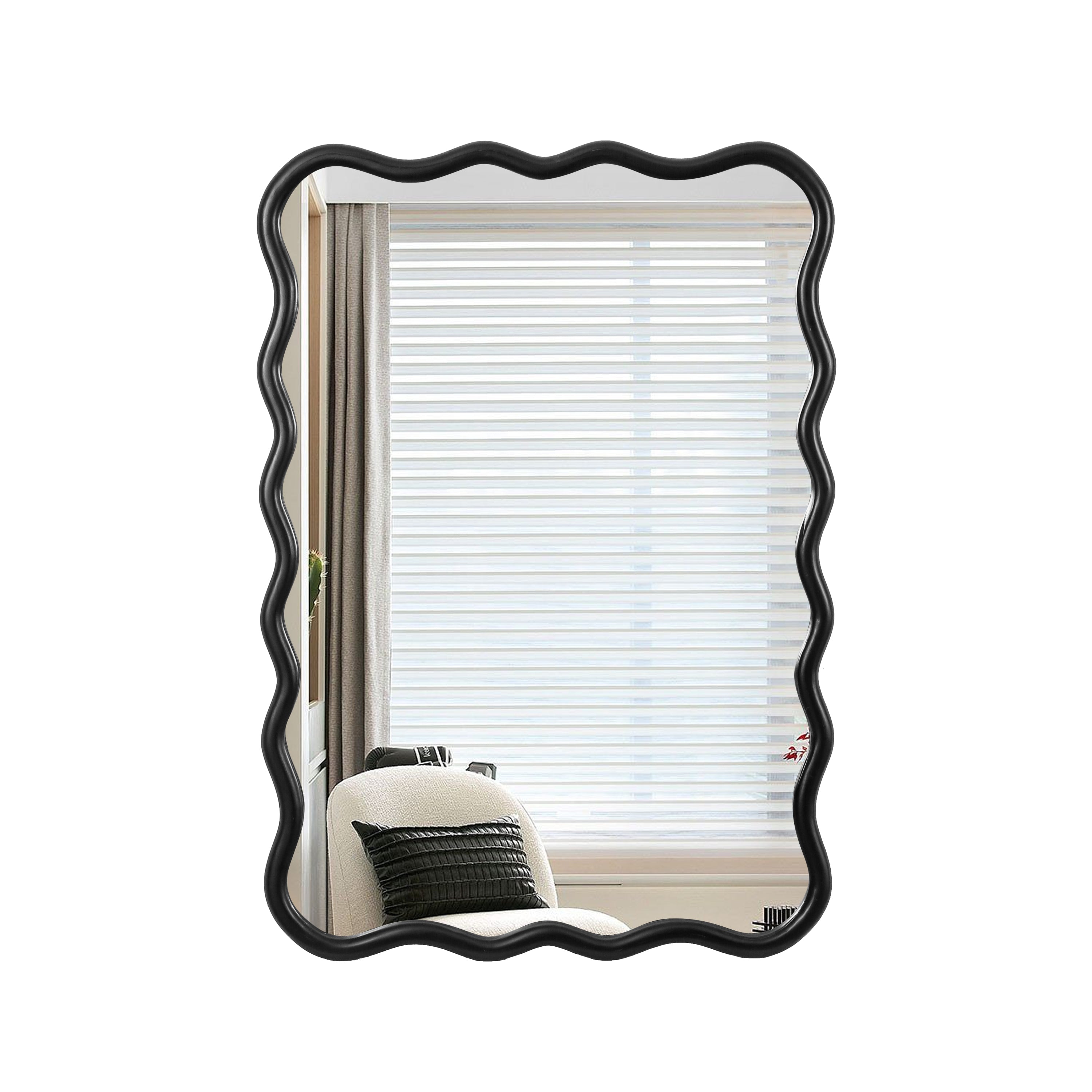 Solid Wood Wavy Rectangle Mirror-Black 40" x 28" Modern Mirror Wall Decor for Bathroom, Bedroom, Living Room, Dining Room, Cloakroom, Entryway