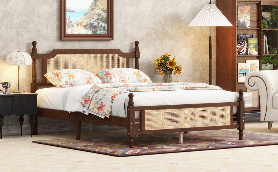 Queen Pine wooden Bed with Rattan Headboard  and Footboard, with  Central Enhanced Bed Platform,Walnut