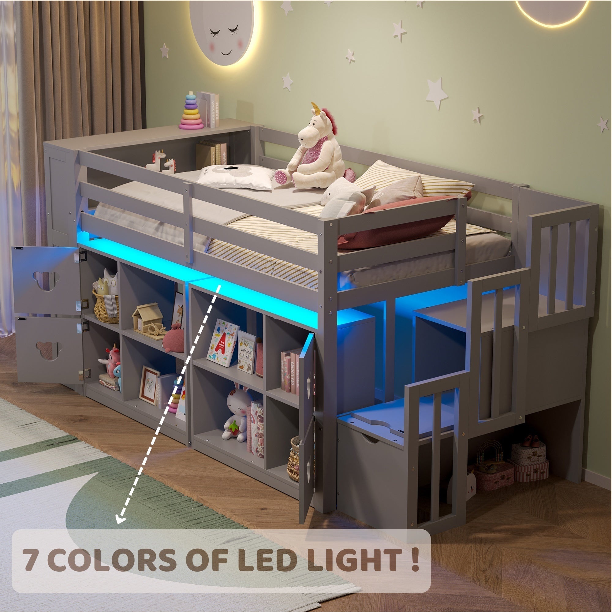Kids Twin Loft Bed with Storage Cabinets, Staircase Drawers & LED Lights – Solid Wood Low Loft Bed with Shelves, Guardrails, and Fun Bear Handles – Space-Saving Design for Boys & Girls Bedroom