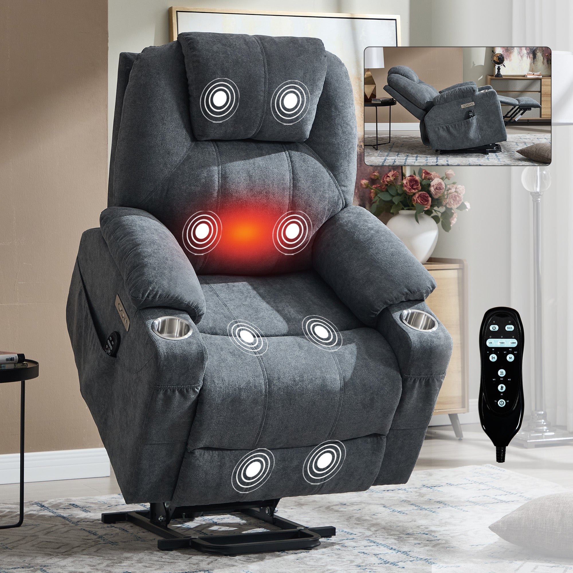 Up to 350 LBS polyester Power Lift Recliner Chair, Heavy Duty Motion Mechanism with 8-Point Vibration Massage and Lumbar Heating, USB and Type-C Ports, Stainless Steel Cup Holders, Grey