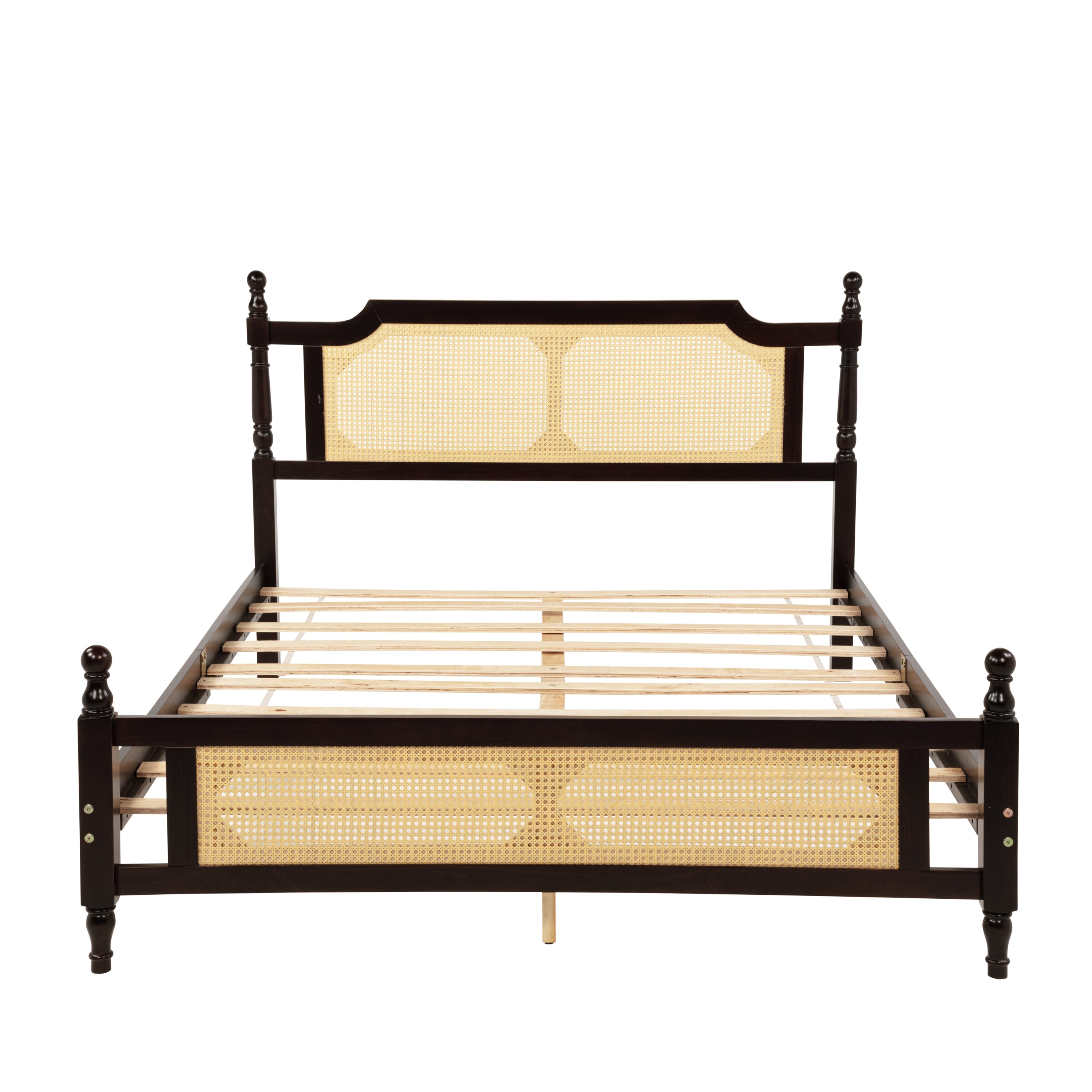Queen Pine wooden Bed with Rattan Headboard  and Footboard, with  Central Enhanced Bed Platform ,Espresso