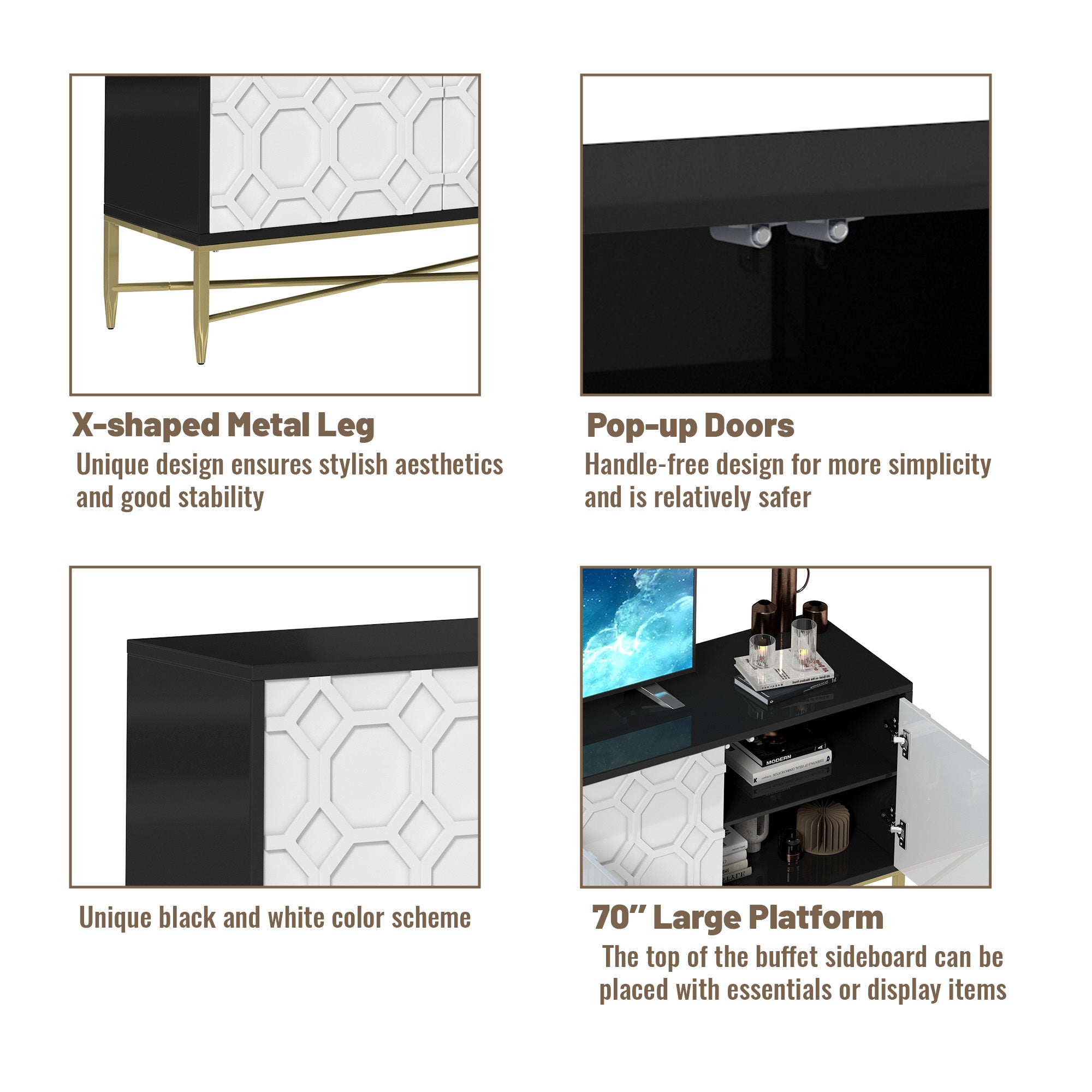 Modern Black and White Color Scheme Press Design 4 Door Cabinet, Living Room TV Stand