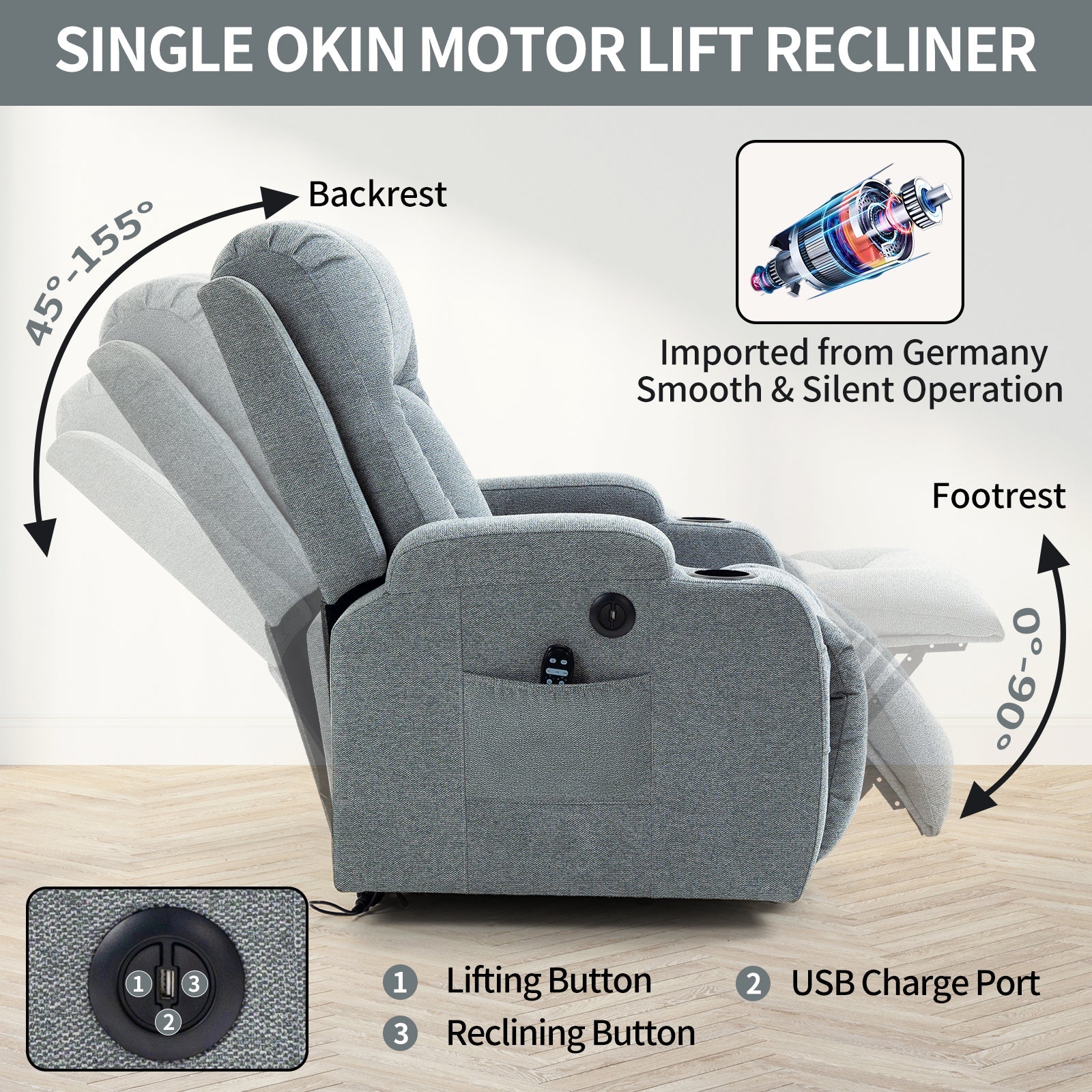 Infinite Position Single Motor Up to 350 LBS Power Lift Recliner Chair for Elderly, Heavy Duty Motion Mechanism with 8-Point Vibration Massage and Lumbar Heating, USB Charging Port, Cup Holders, Grey