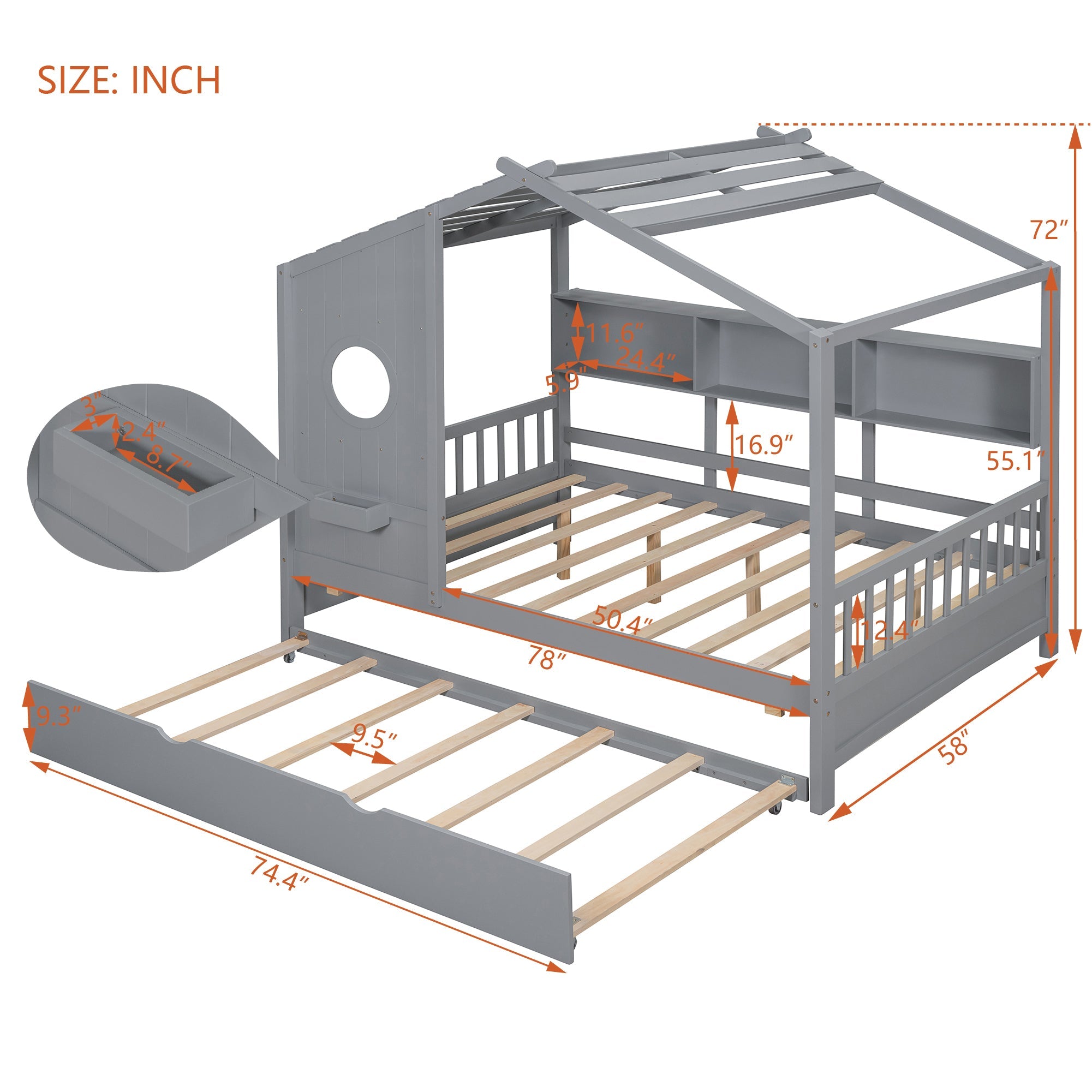 Wooden Full Size House Bed With Trundle, Modern Design for Kids with Storage Shlef, Gray(old SKU HL000095AAE)
