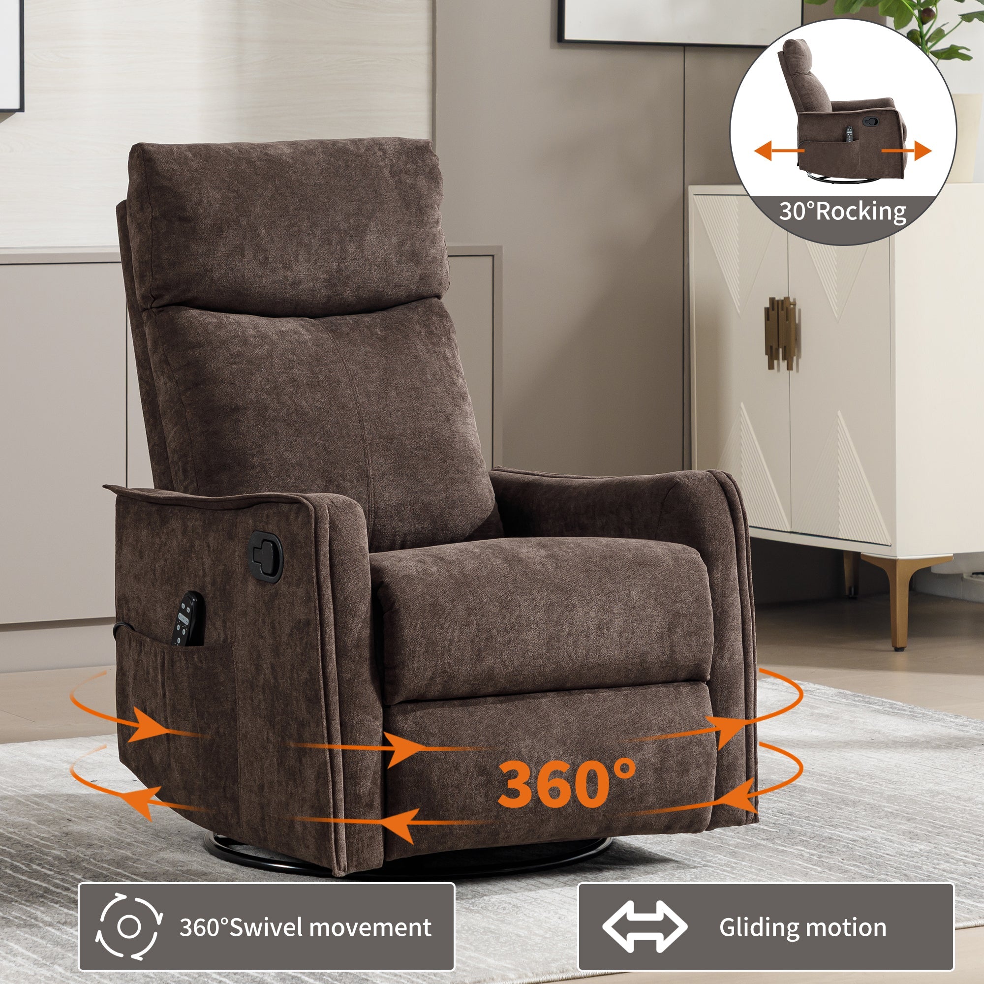 Heat Massage Manual Recliner Chair with Rocker and Swivel in Fabric for Living Room, Brown