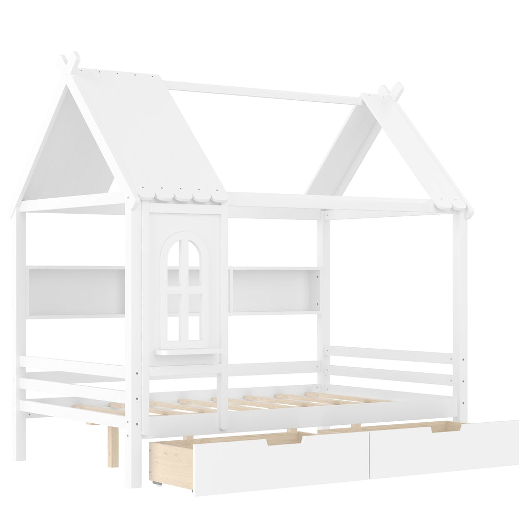 Full house Beds with Storage Drawers and Window, Solid Wood House Platform Bed Frame with shelves, for Kids, Girls, Boys, No Spring Box Needed and Childlike Design, White