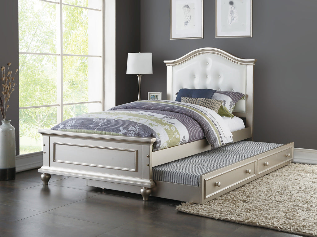 Contemporary Style Silver Twin Size Bed w/ Trundle Slats Pine Plywood Kids Youth Bedroom Furniture White Faux Leather Tufted HB