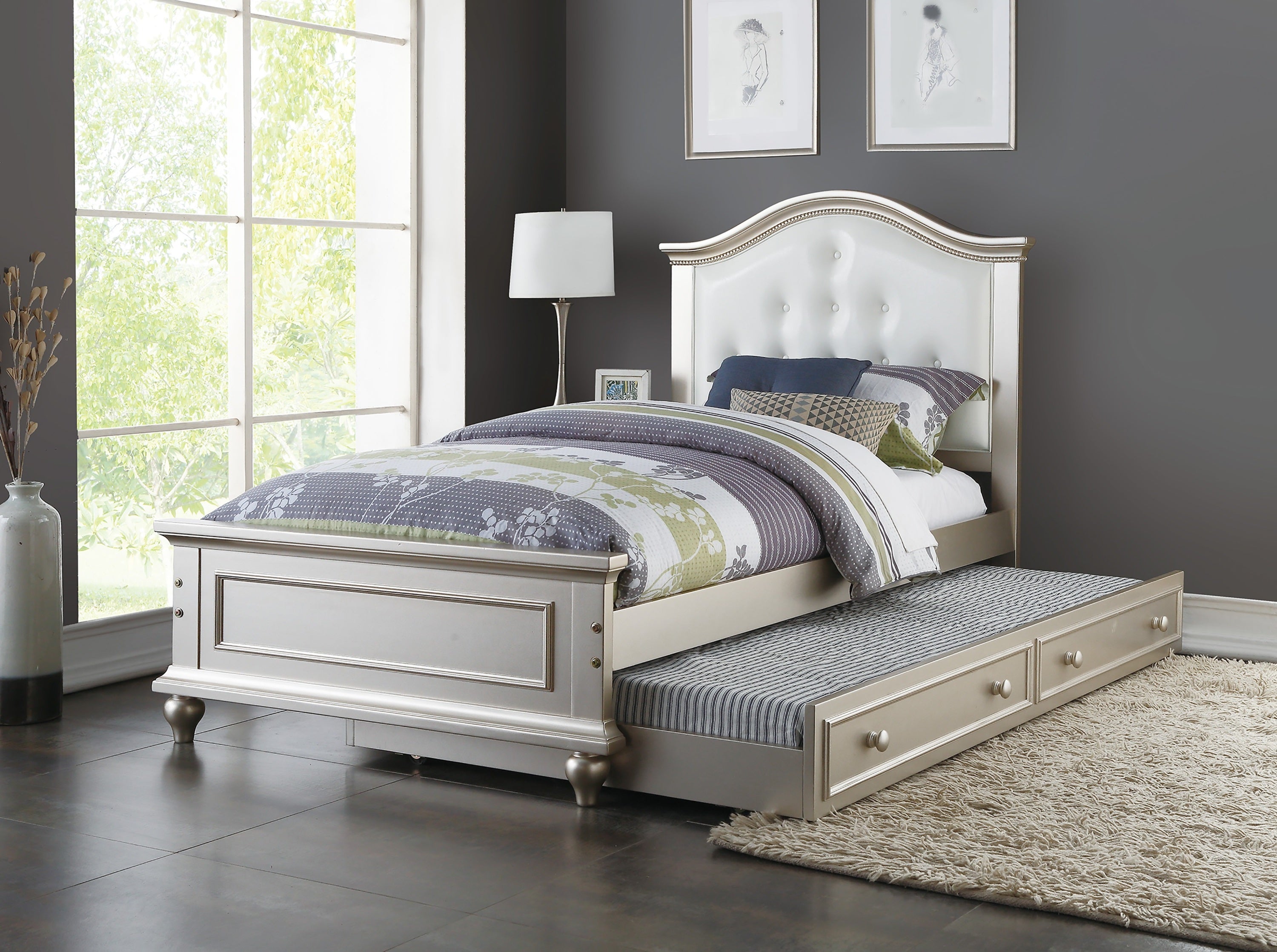 Contemporary Style Silver Twin Size Bed w/ Trundle Slats Pine Plywood Kids Youth Bedroom Furniture White Faux Leather Tufted HB