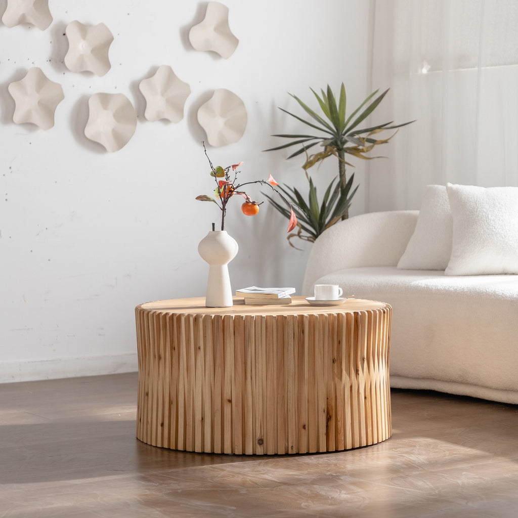 31.5" Retro Fashion Style Cylindrical Coffee Table with Vertical Texture Relief Design,Suitable for Living Room,Office,and Dining Room