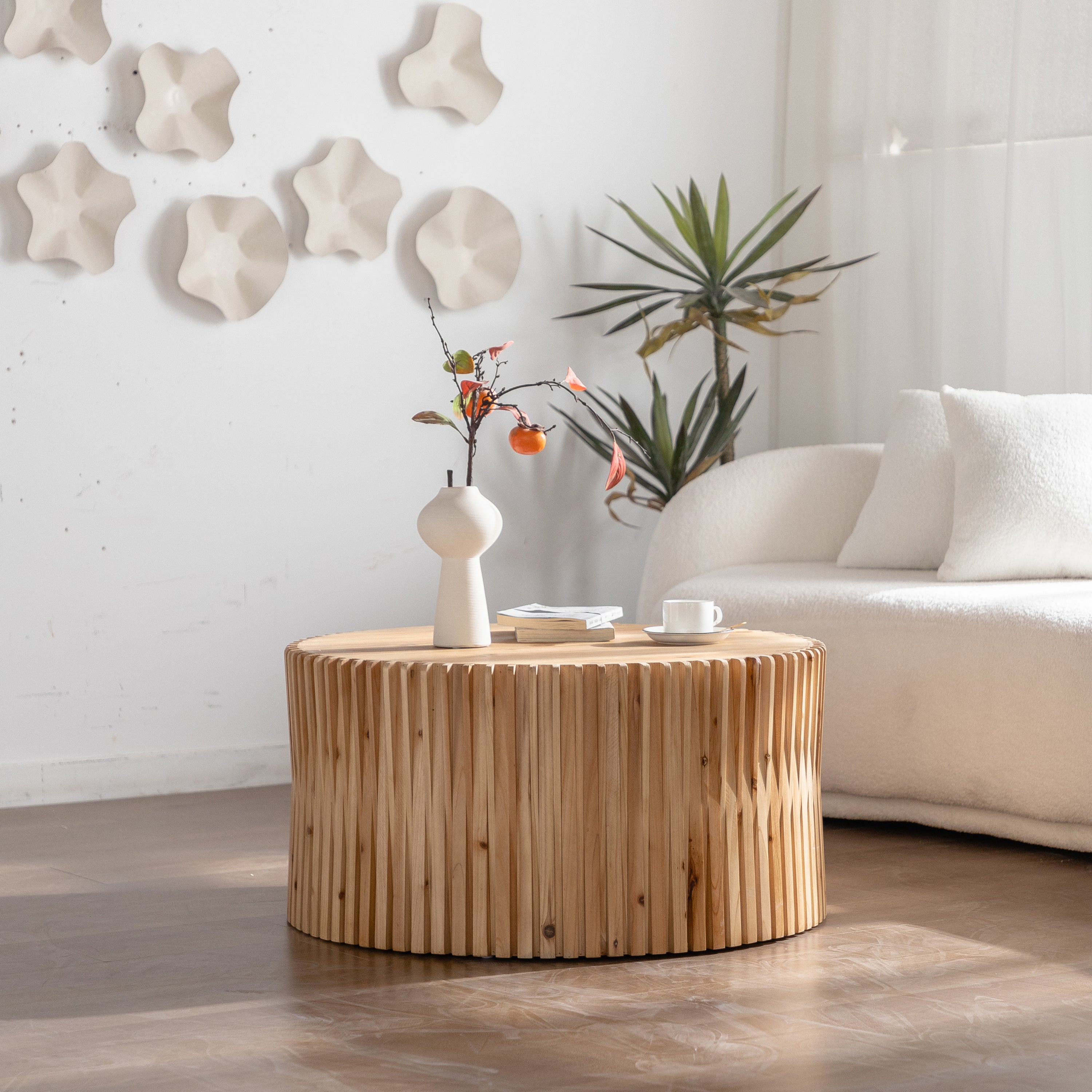 31.5" Retro Fashion Style Cylindrical Coffee Table with Vertical Texture Relief Design,Suitable for Living Room,Office,and Dining Room