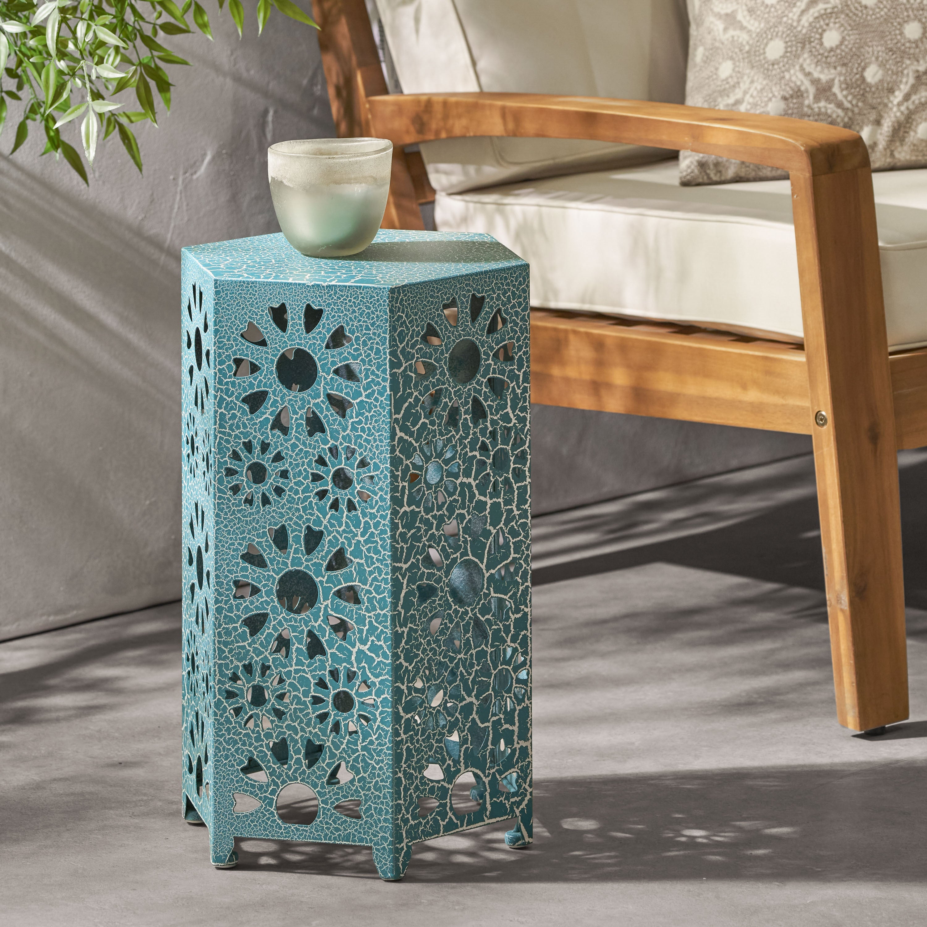 ELIANA Modern 12' Side Table with Iron Frame in Teal Finish