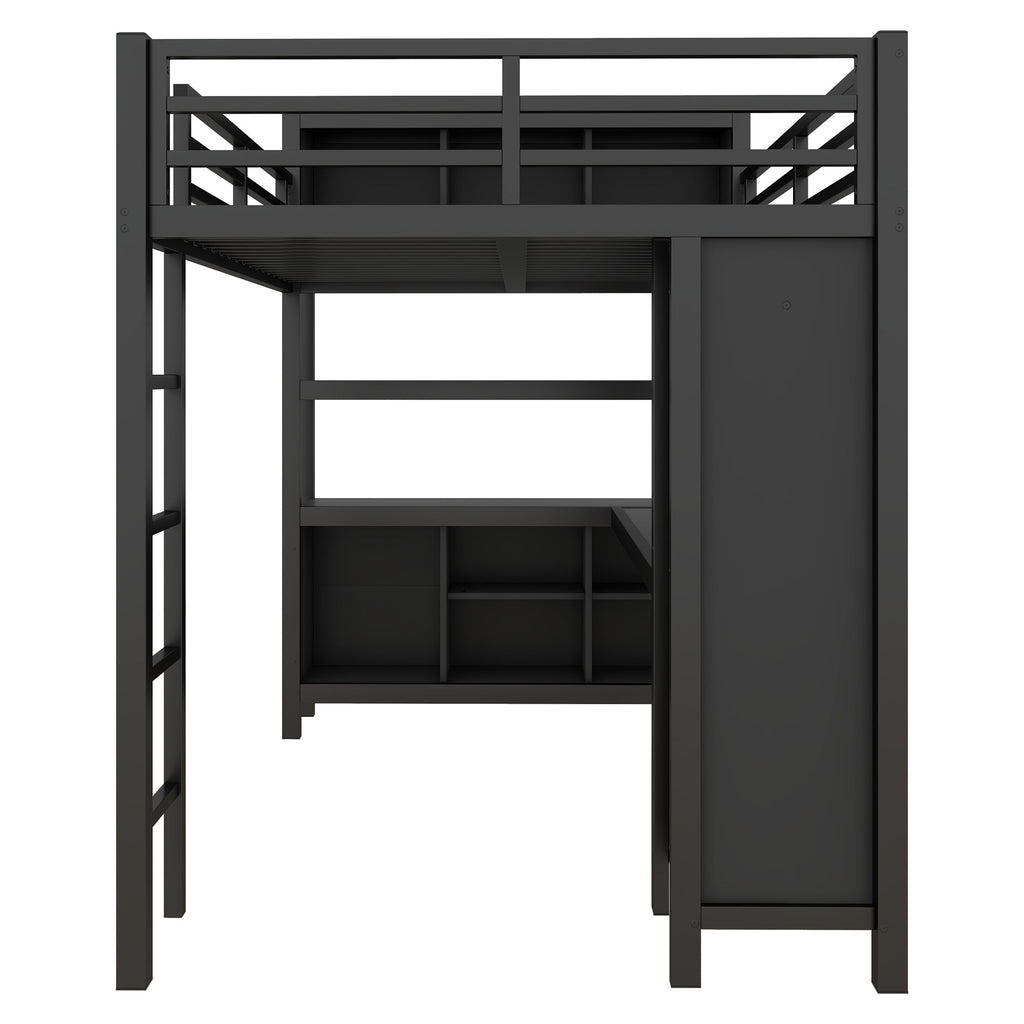 Metal Loft Bed with Wardrobe And L-shaped Desk, Full Size Loft Bed with Storage Cubes and Shelves, Heavy Duty Loft Bed for Kids Teens Adults, Black