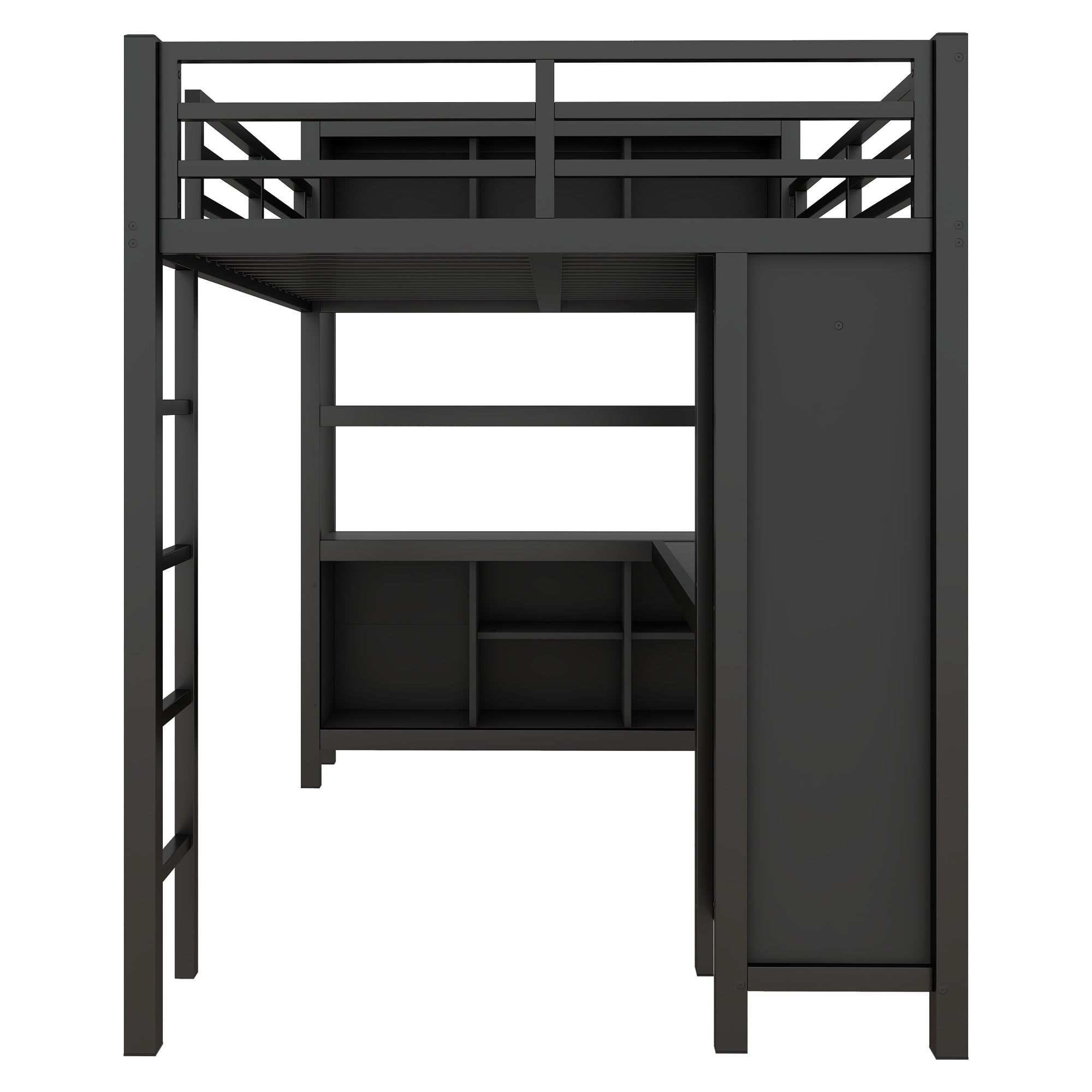 Metal Loft Bed with Wardrobe And L-shaped Desk, Full Size Loft Bed with Storage Cubes and Shelves, Heavy Duty Loft Bed for Kids Teens Adults, Black