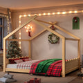 Queen House Floor Bed with Support Slats, Solid Wood House Bed Frame for Kids, No Box Spring Needed and Opening Constructure, Natural
