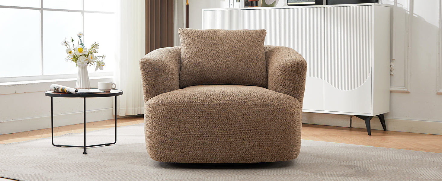 Chenille Upholstered 360° Swivel Chair with Throw Pillow, Dark Brown, 38.2' Accent Chair Sofa for Living Room and Office
