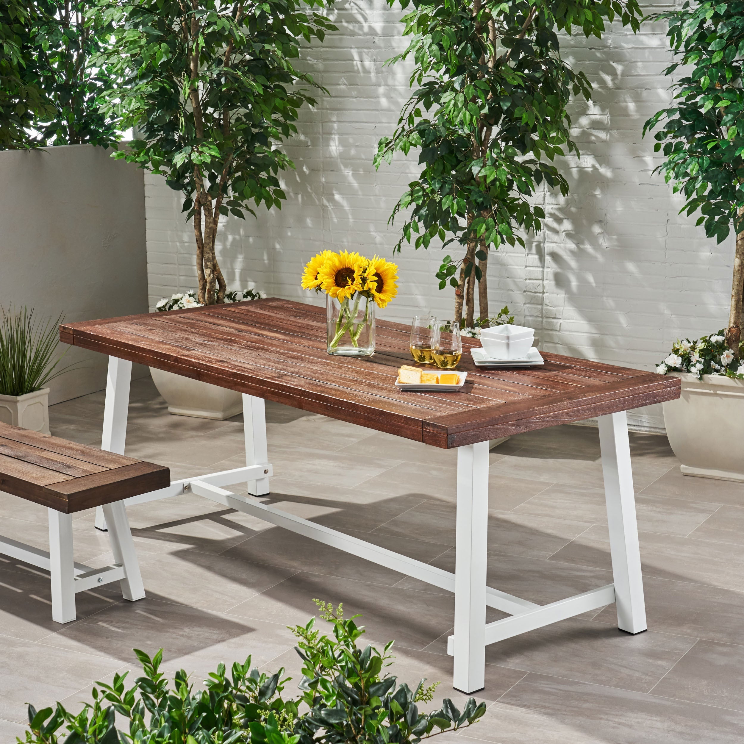 Equilibrium Outdoor Dining Table with Slat Top, Dark Brown