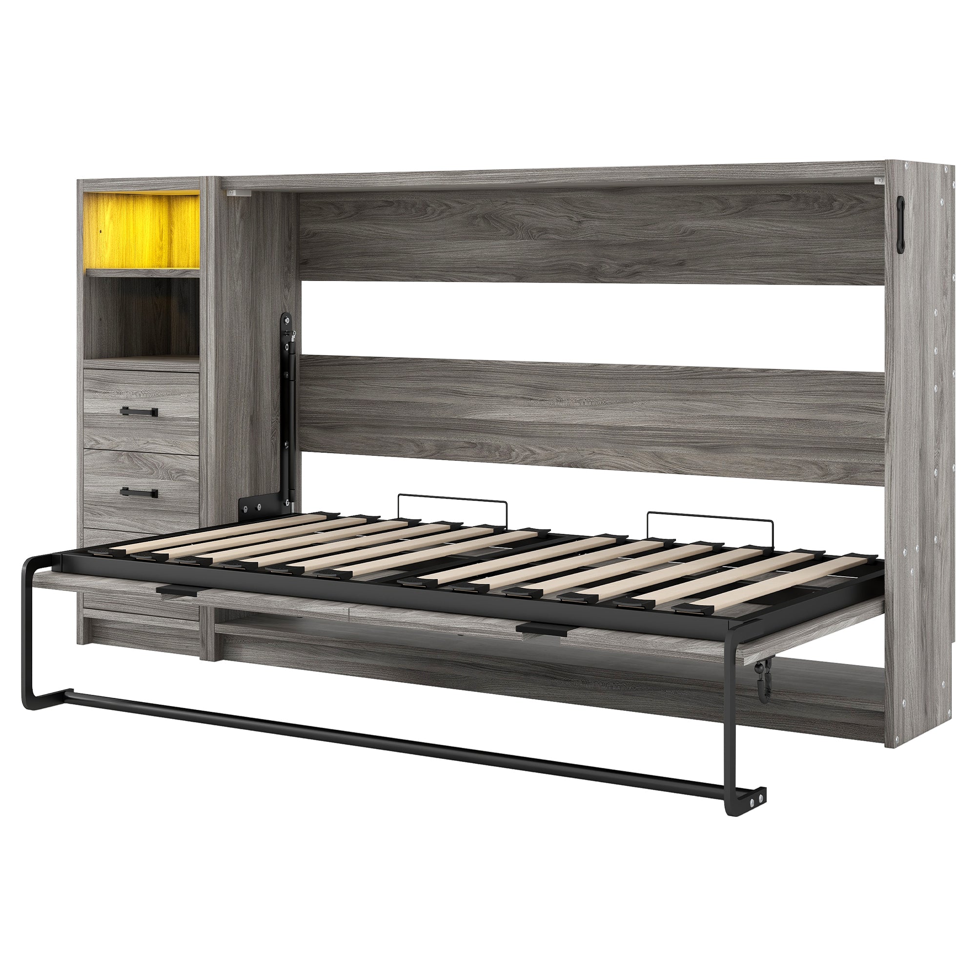 Twin Size Murphy Bed with Drawers and LED Light, can be Folded into a Cabinet, Gray
