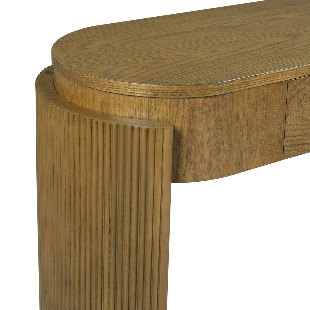 TREXM Entryway Table with Natural Wood Grain Finish, Console Table with Fluted Design, Oval Top and 2 Drawers for Entryway and Living Room (Pine Wood)
