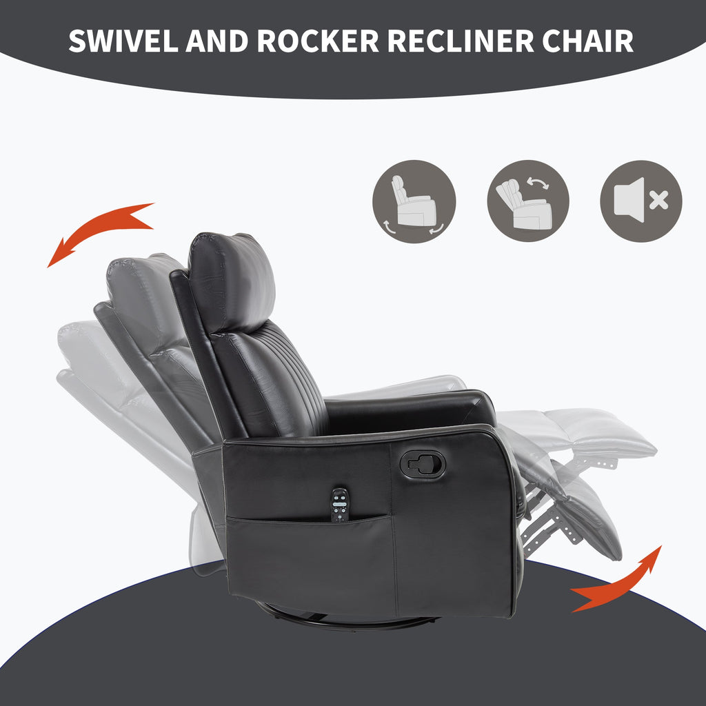 Black Faux Leather Heat Massage Manual Recliner Chair with Rocker and Swivel for Living Room