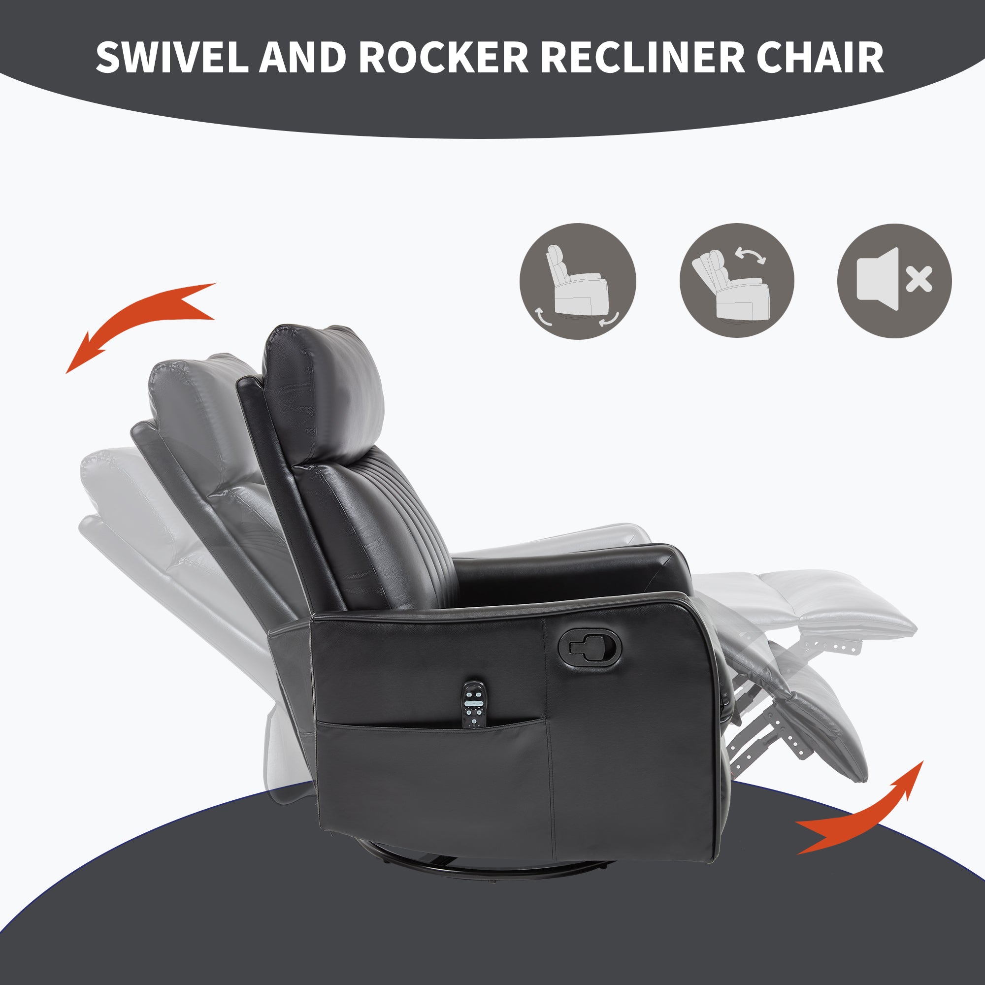 Black Faux Leather Heat Massage Manual Recliner Chair with Rocker and Swivel for Living Room