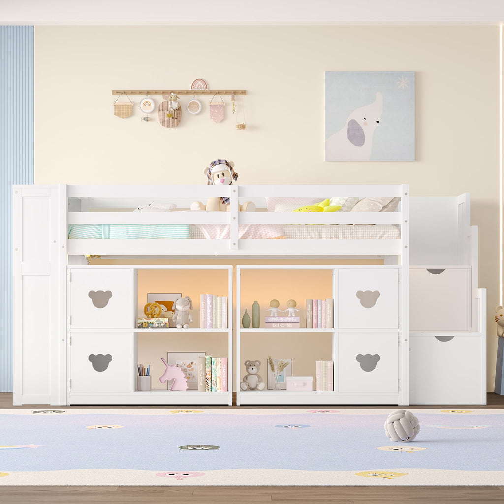 Kids Twin Loft Bed with Storage Cabinets, Staircase Drawers & LED Lights – Solid Wood Low Loft Bed with Shelves, Guardrails, and Fun Bear Handles – Space-Saving Design for Boys & Girls Bedroom (White)